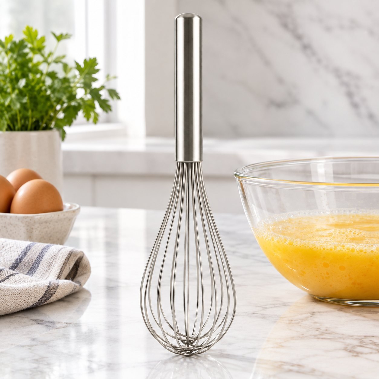 Balloon Whisk, 30 cm, Sealed Handle, shown in use on a bar counter