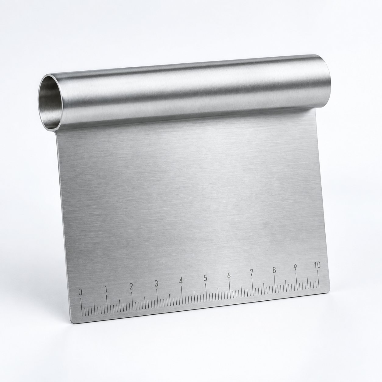 Stainless Bench Scraper with Measuring Edge, shown on a plain studio background