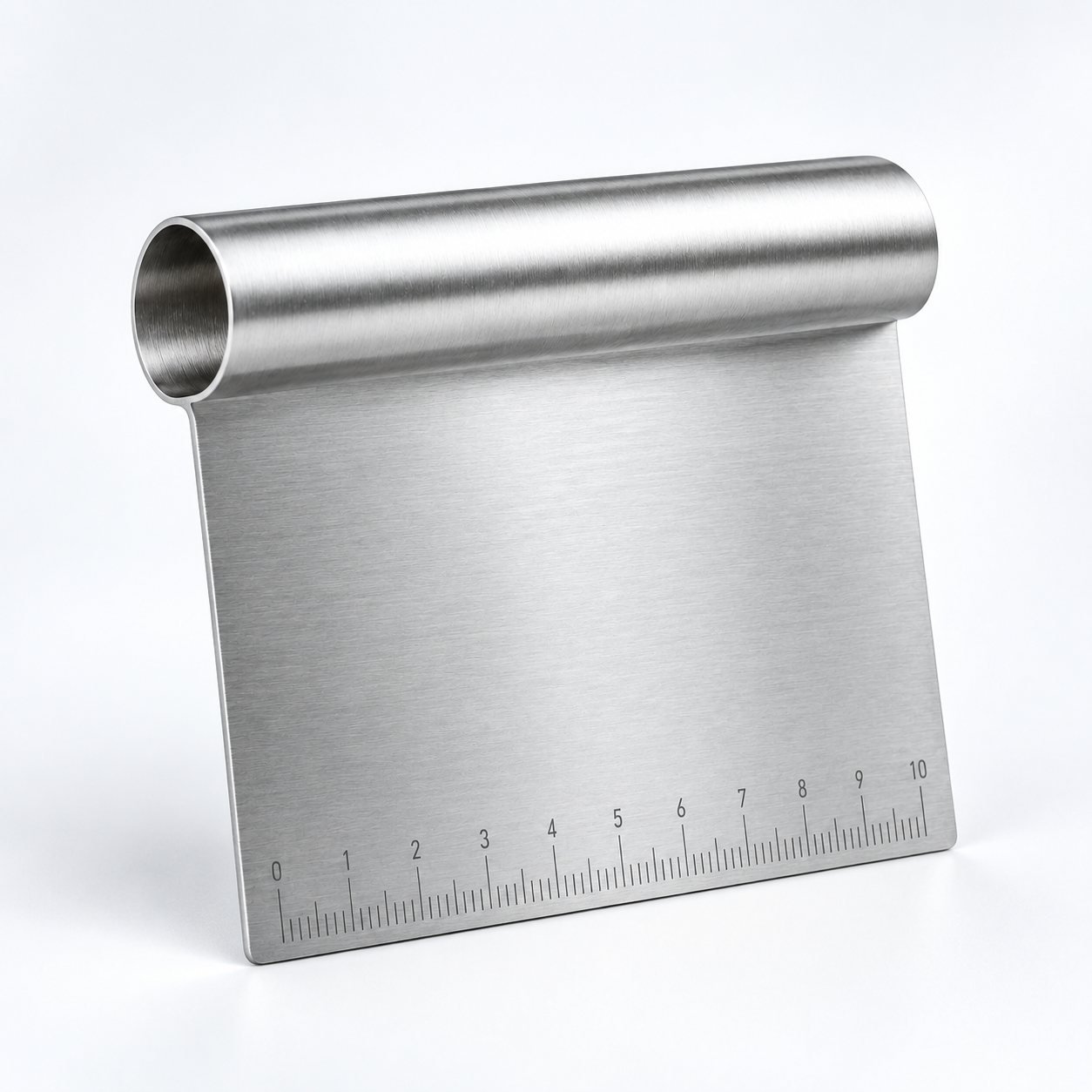 Stainless Bench Scraper with Measuring Edge, shown from a low three quarter angle
