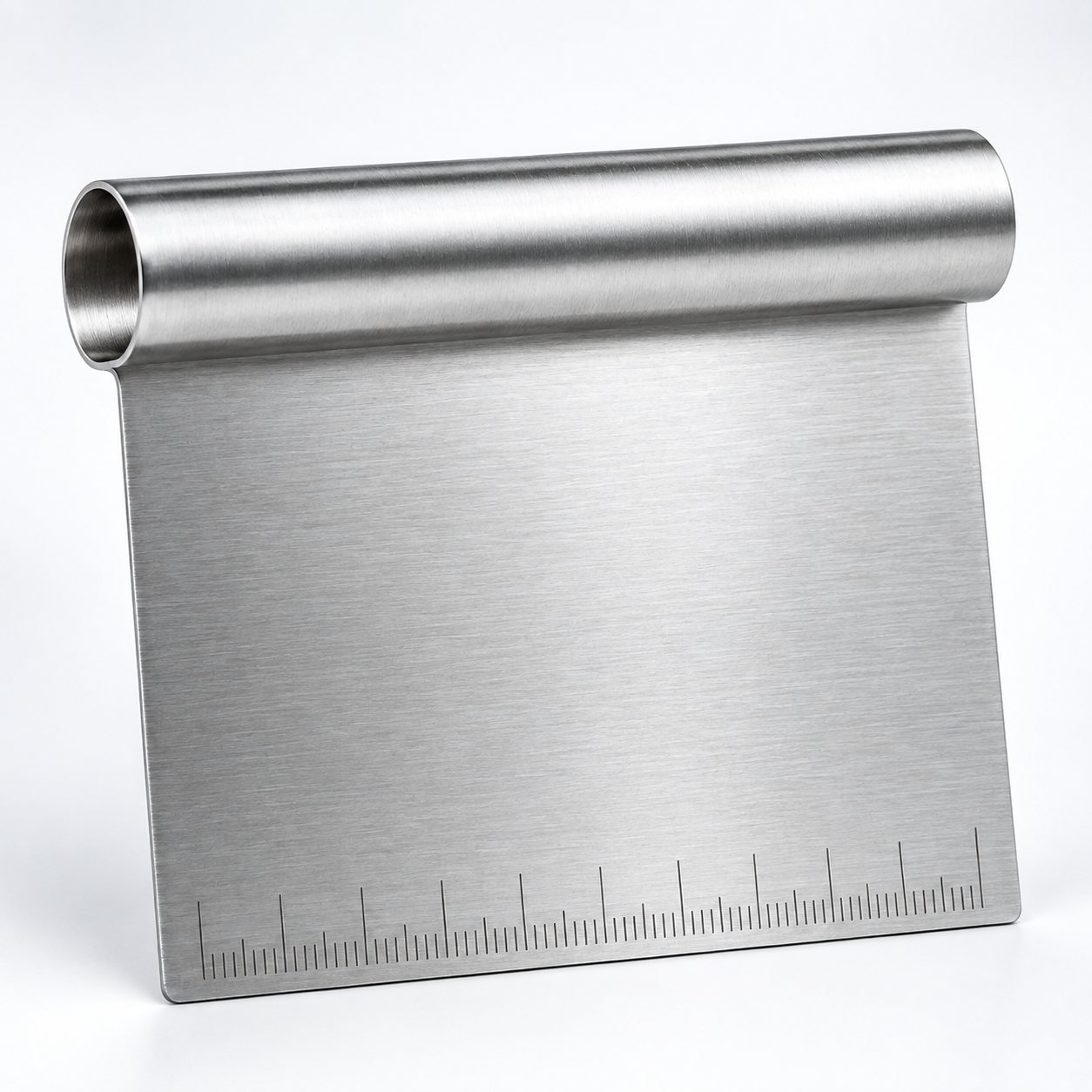 Stainless Bench Scraper with Measuring Edge, close up detail of the surface and finish