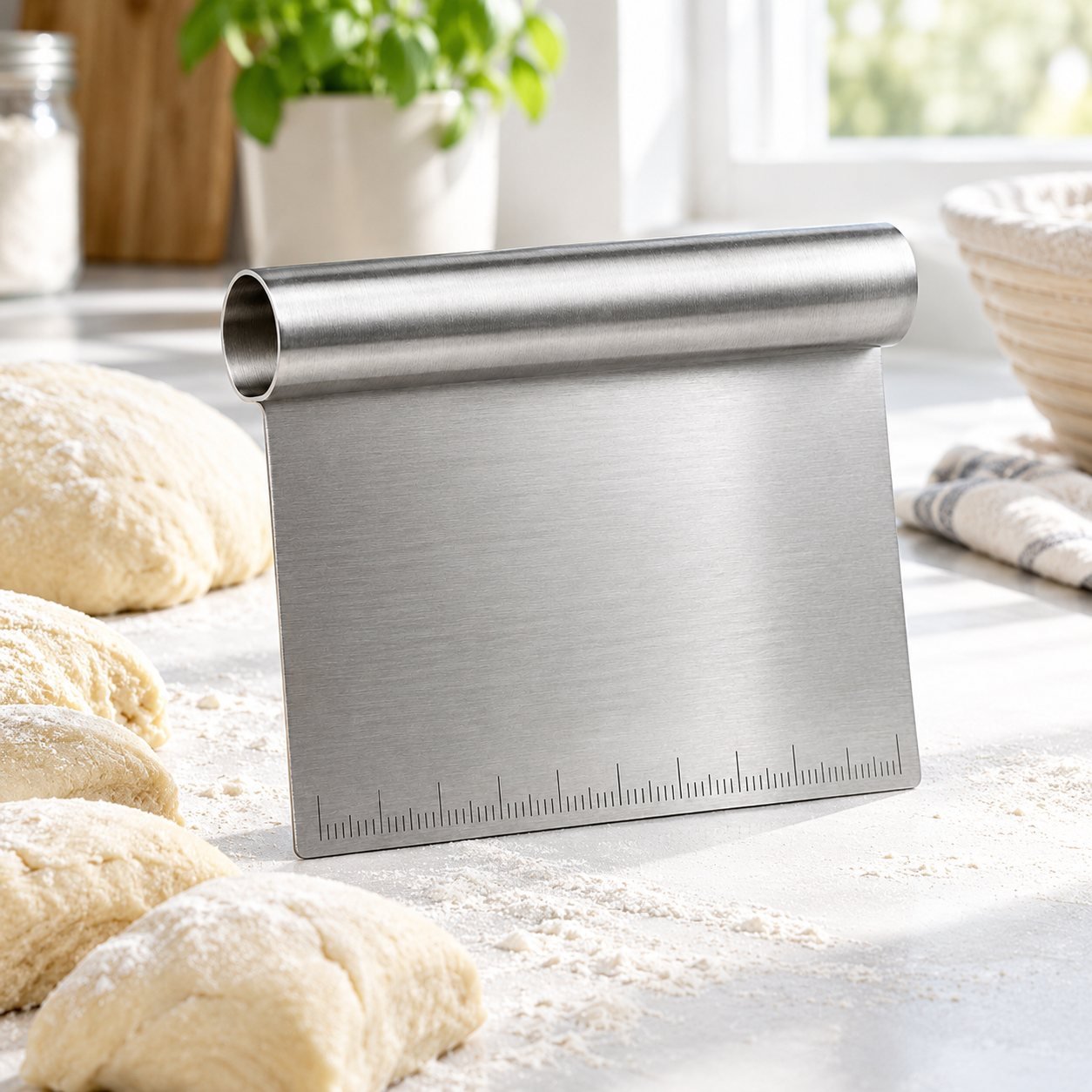 Stainless Bench Scraper with Measuring Edge, shown in use on a bar counter