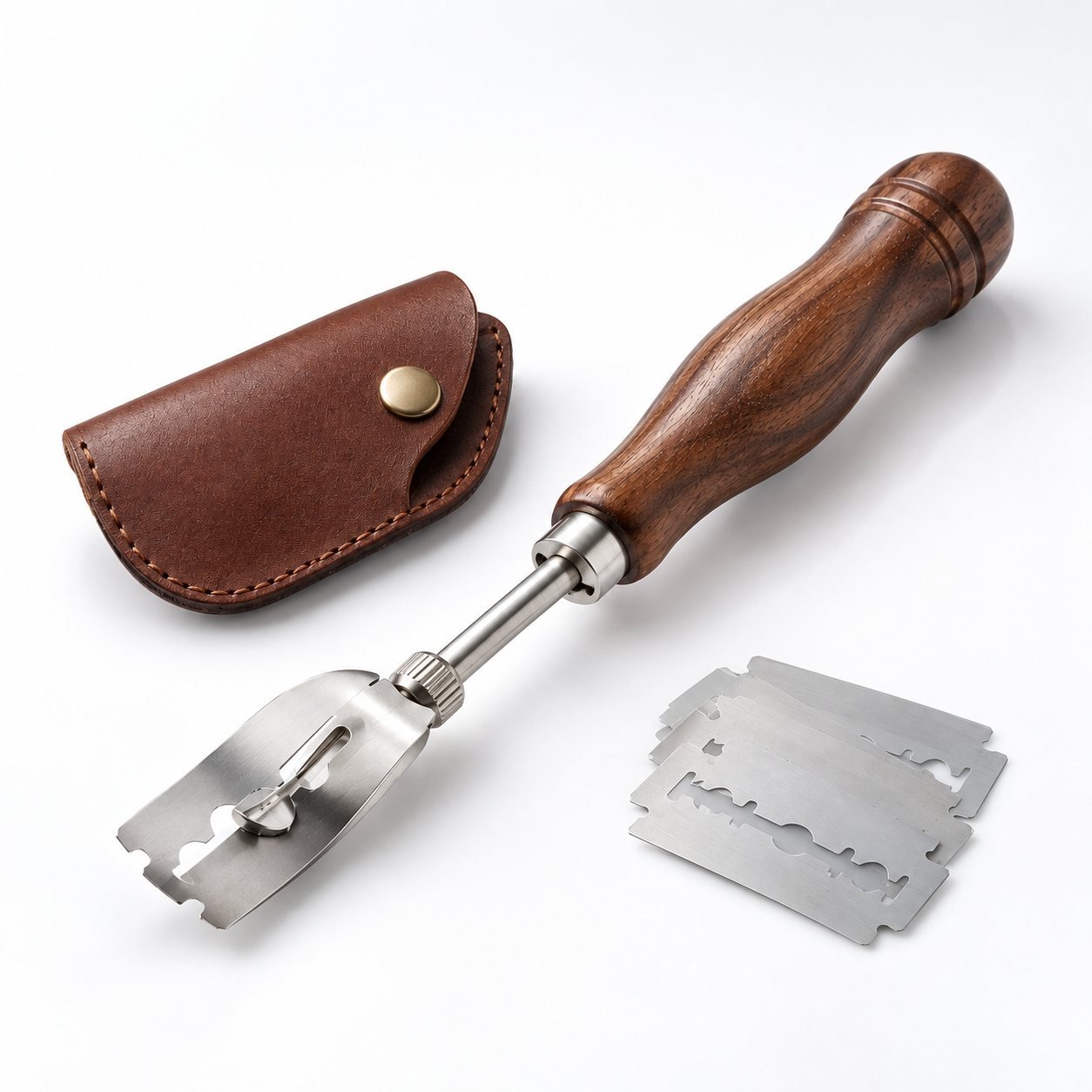 Bread Lame with Walnut Handle and Five Blades, shown from a low three quarter angle