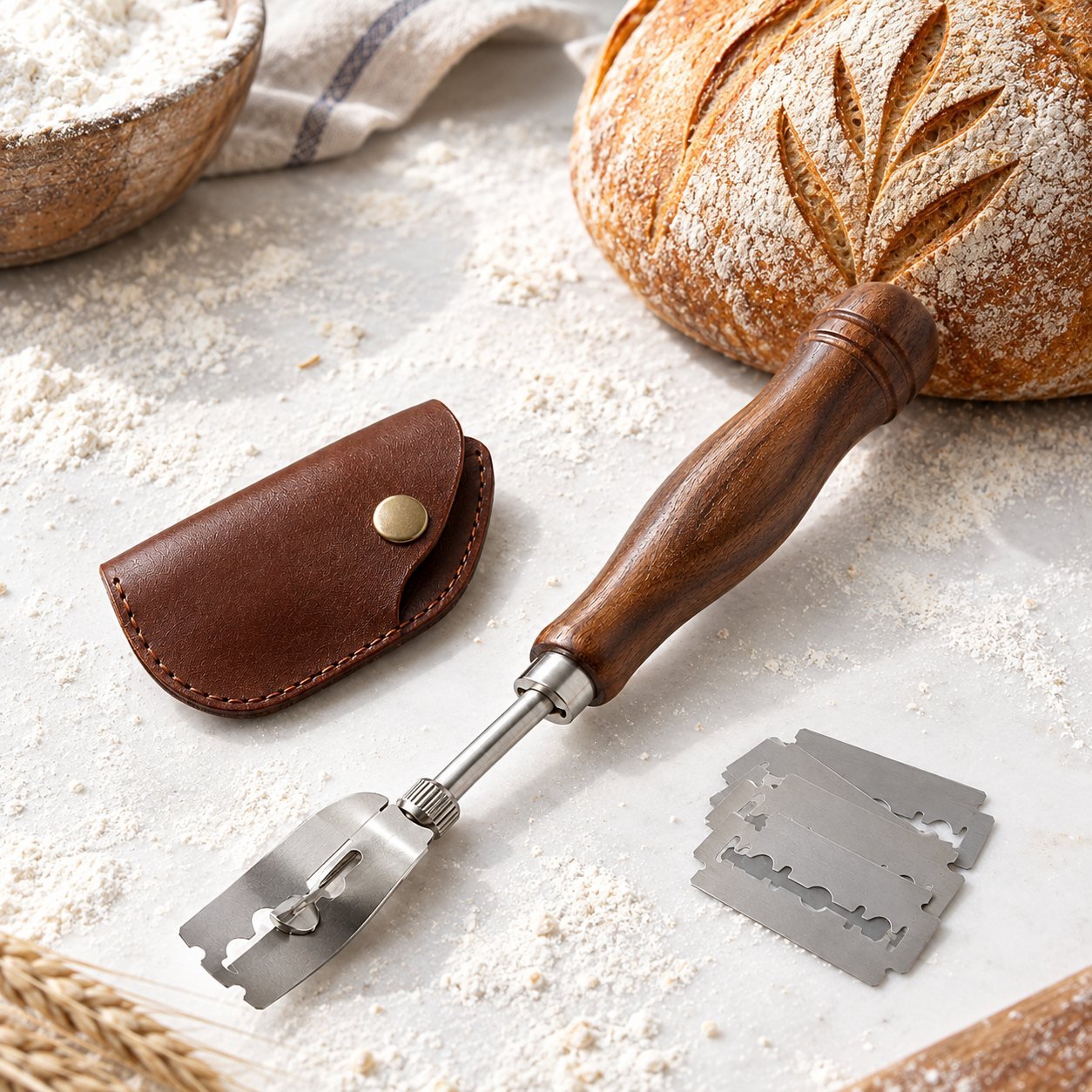Bread Lame with Walnut Handle and Five Blades, shown in use on a bar counter