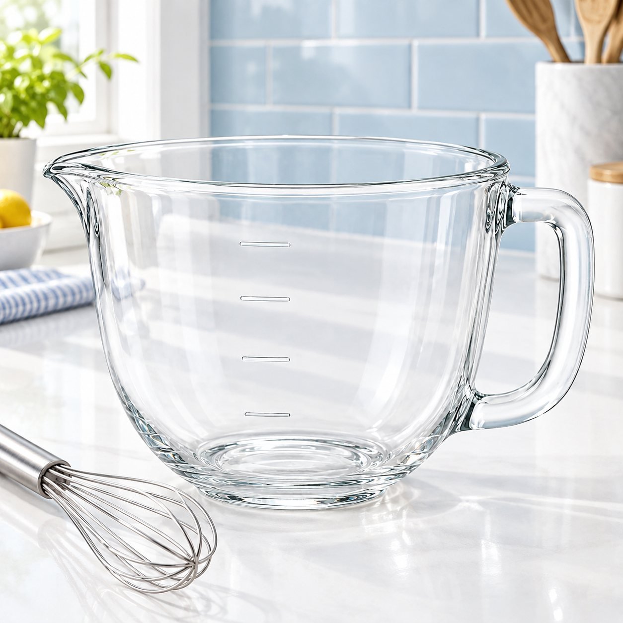 Glass Mixing Bowl with Spout, 2.5 Litre, shown in use on a bar counter