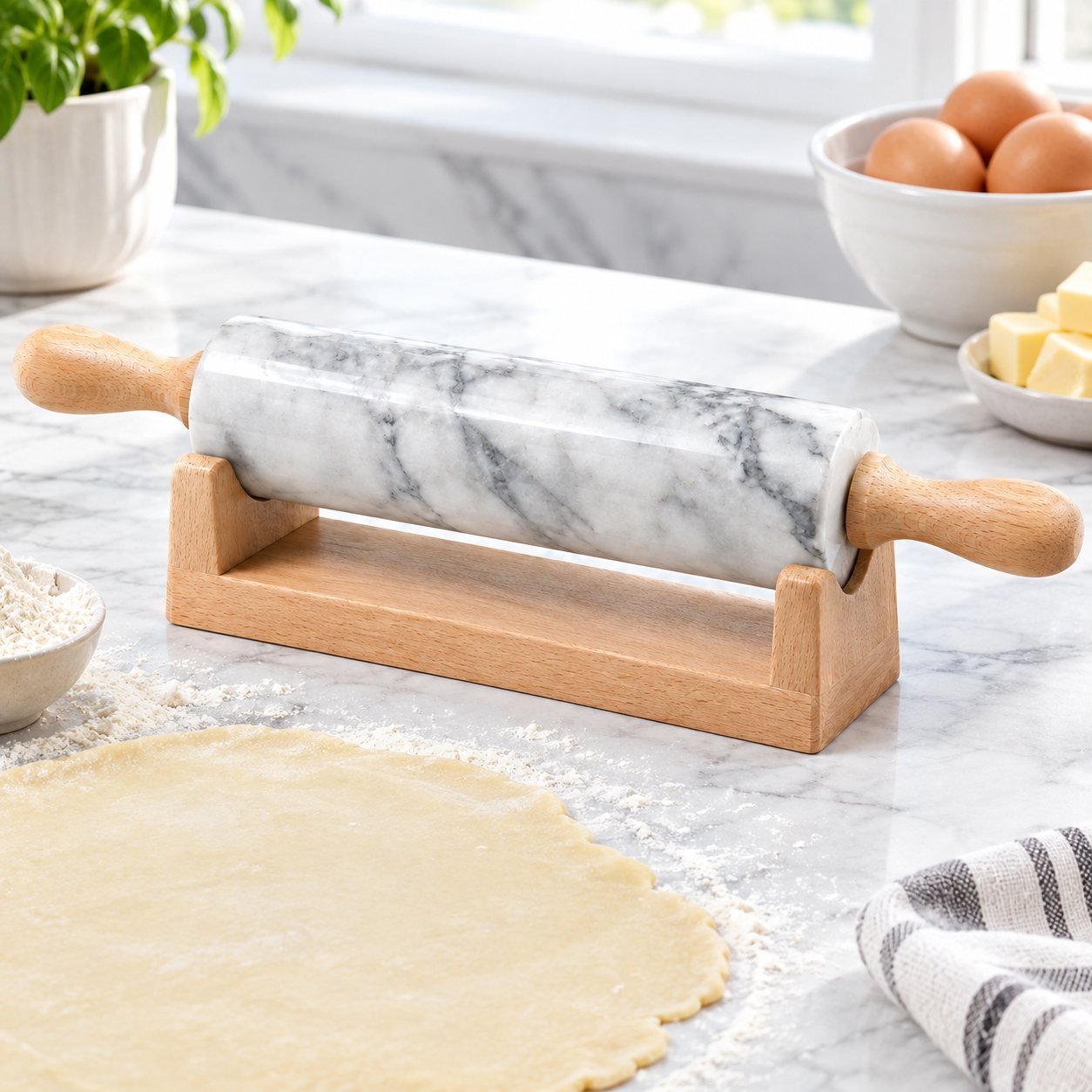 Marble Rolling Pin with Stand, 45 cm, shown in use on a bar counter