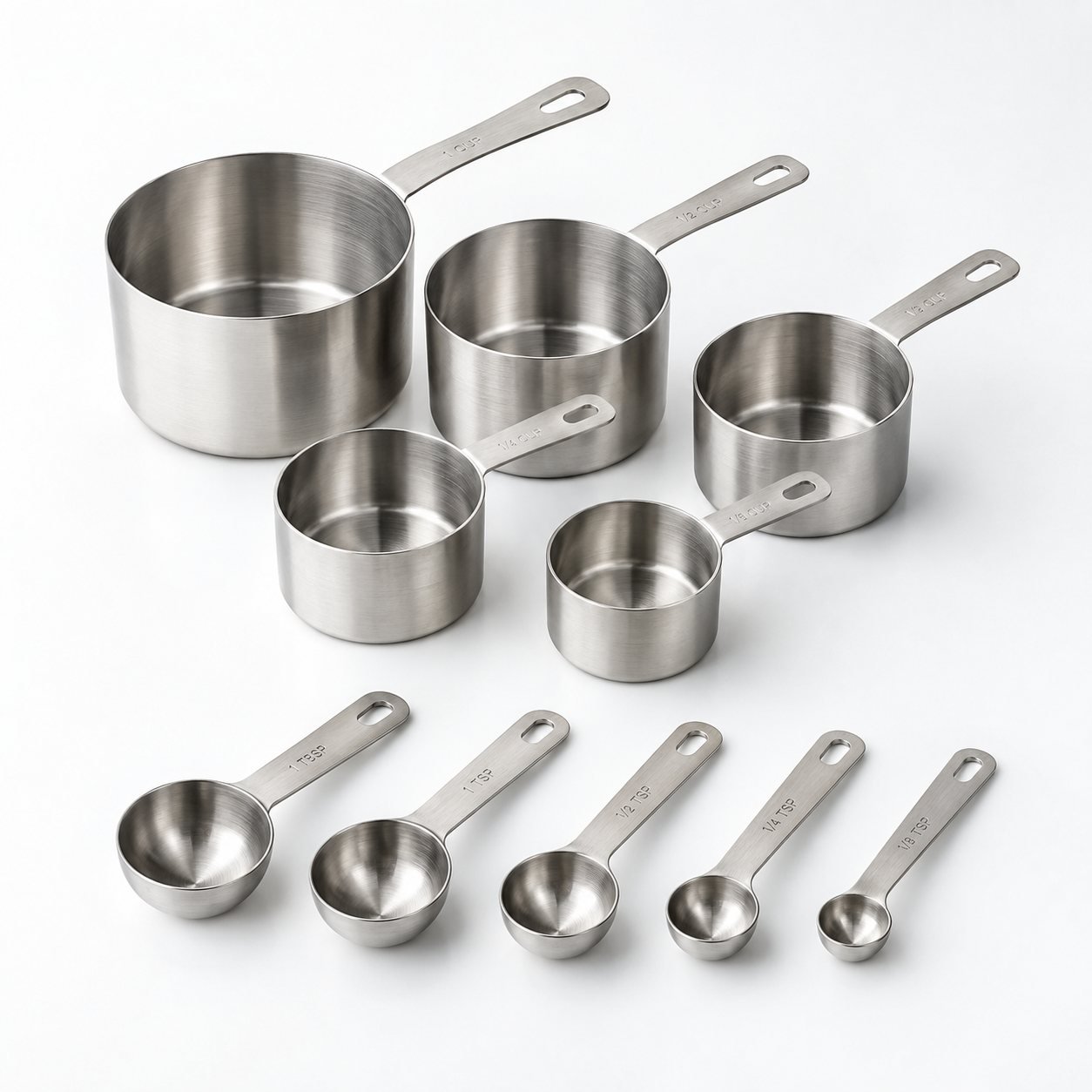 Measuring Cup and Spoon Set, Ten Pieces, shown on a plain studio background