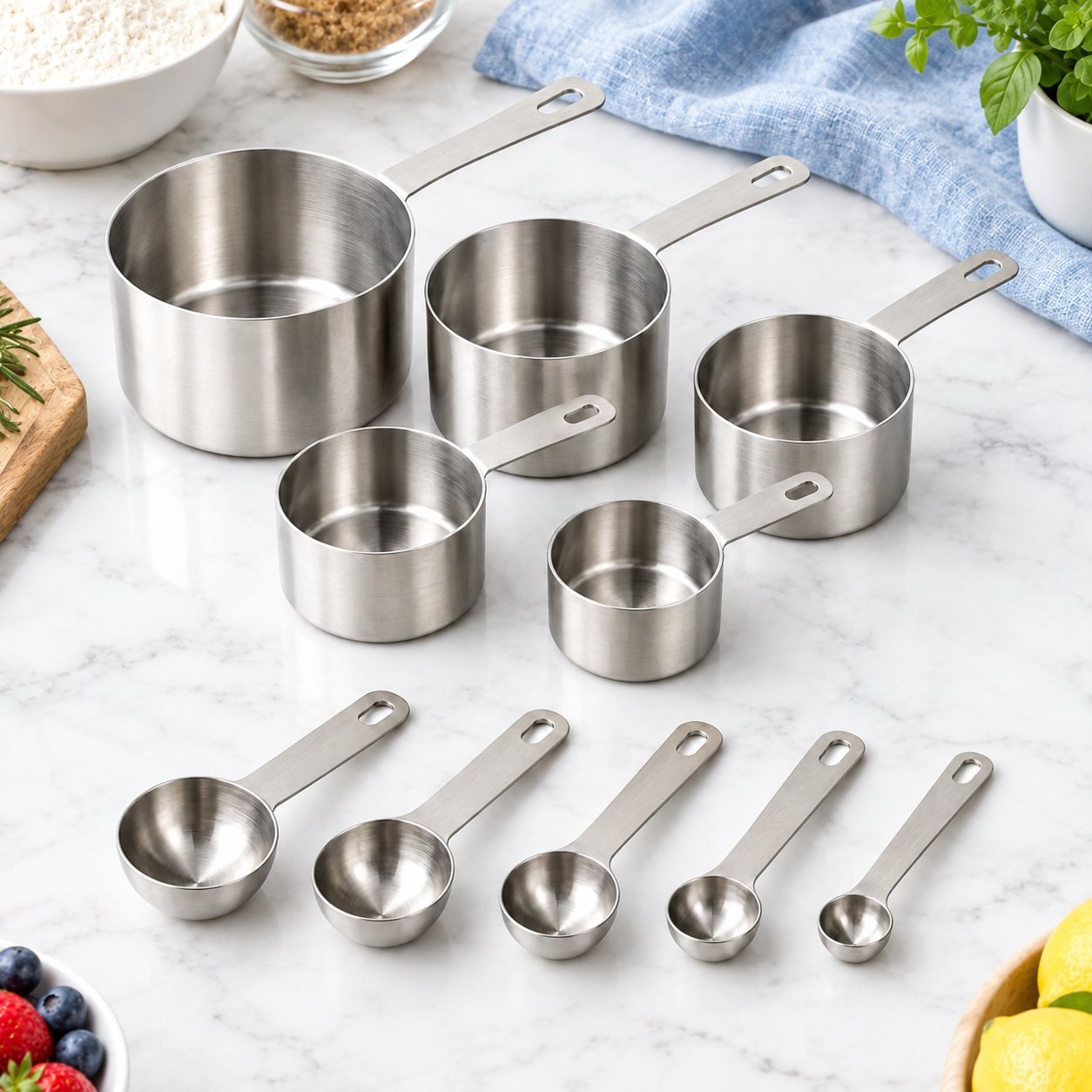 Measuring Cup and Spoon Set, Ten Pieces, shown in use on a bar counter