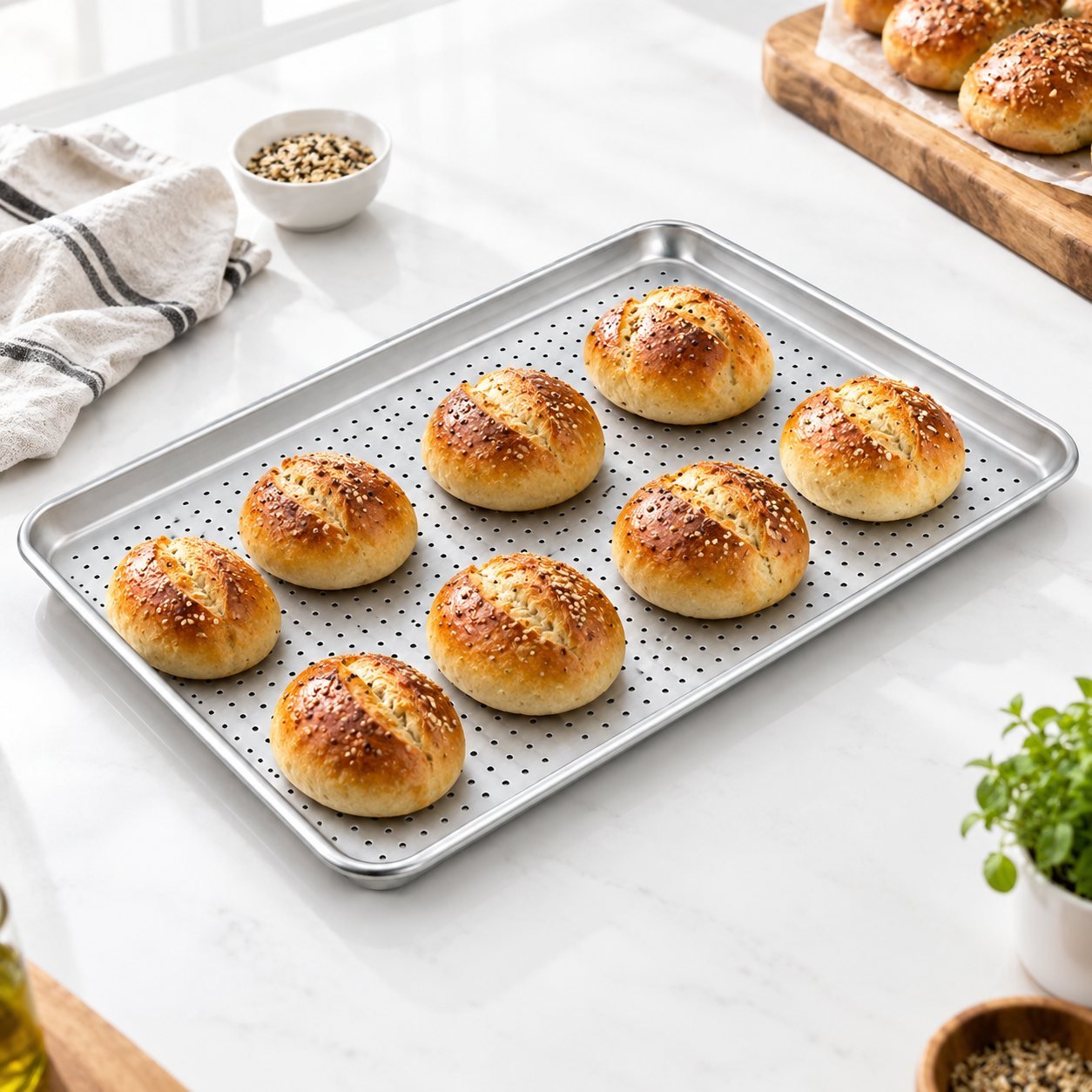Perforated Baking Sheet, 40 x 30 cm, shown in use on a bar counter