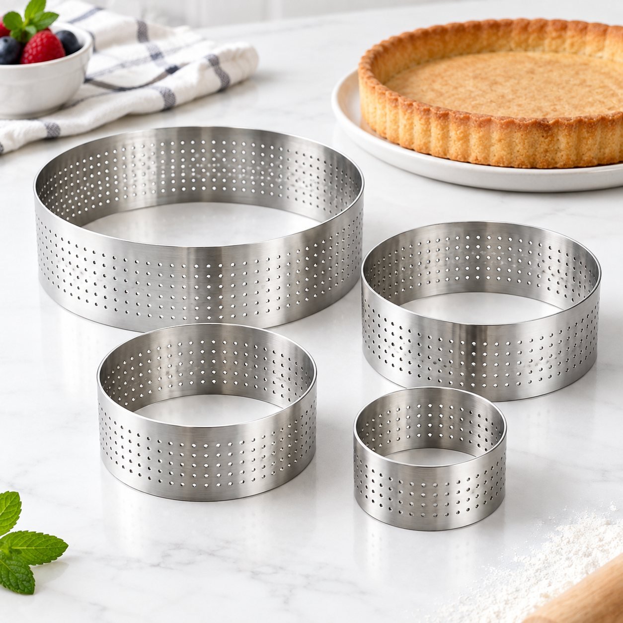 Perforated Tart Ring Set, 8, 10 and 20 cm, shown in use on a bar counter