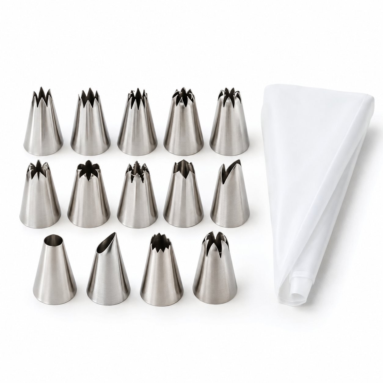 Piping Set, Fourteen Stainless Nozzles with Bag, shown on a plain studio background