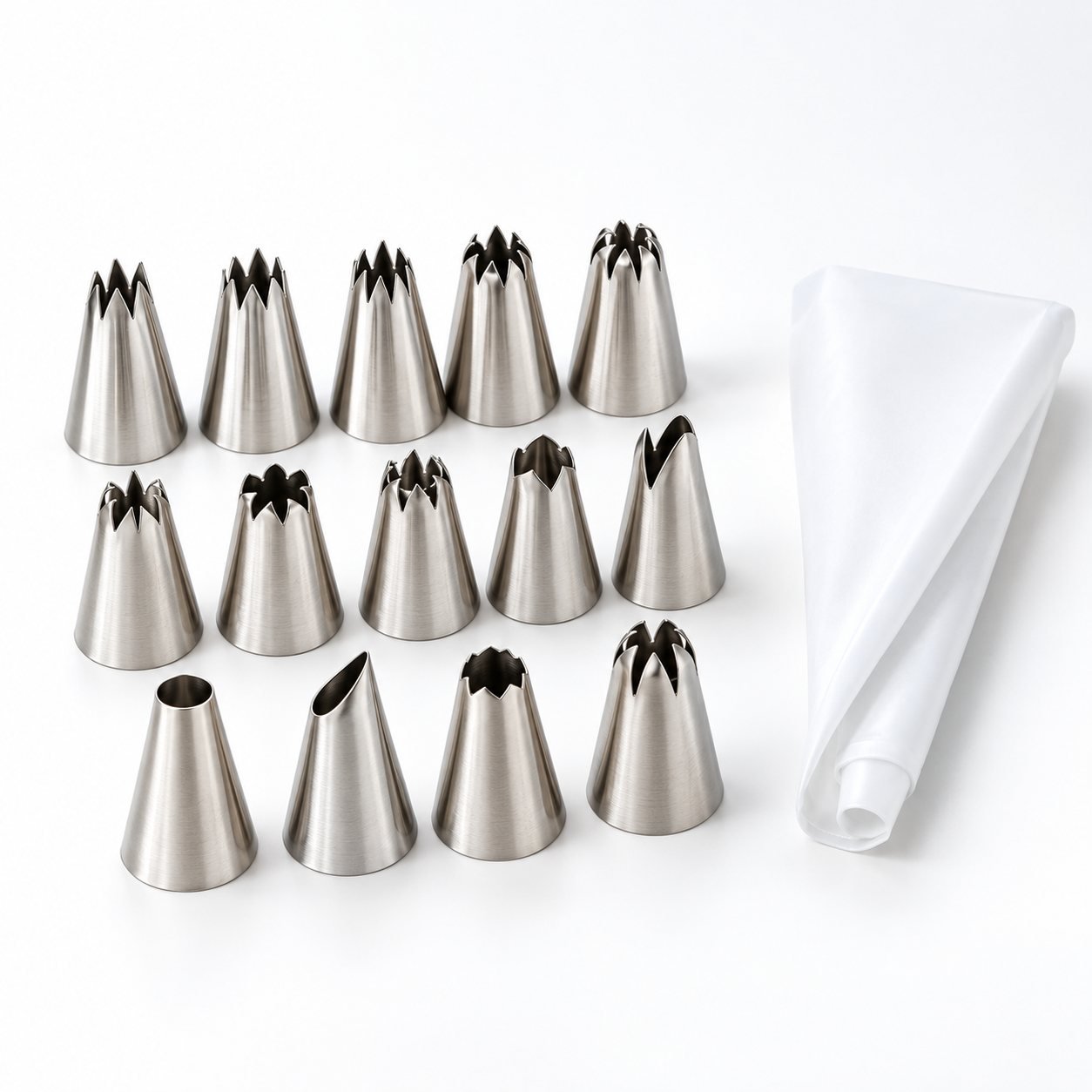 Piping Set, Fourteen Stainless Nozzles with Bag, shown from a low three quarter angle