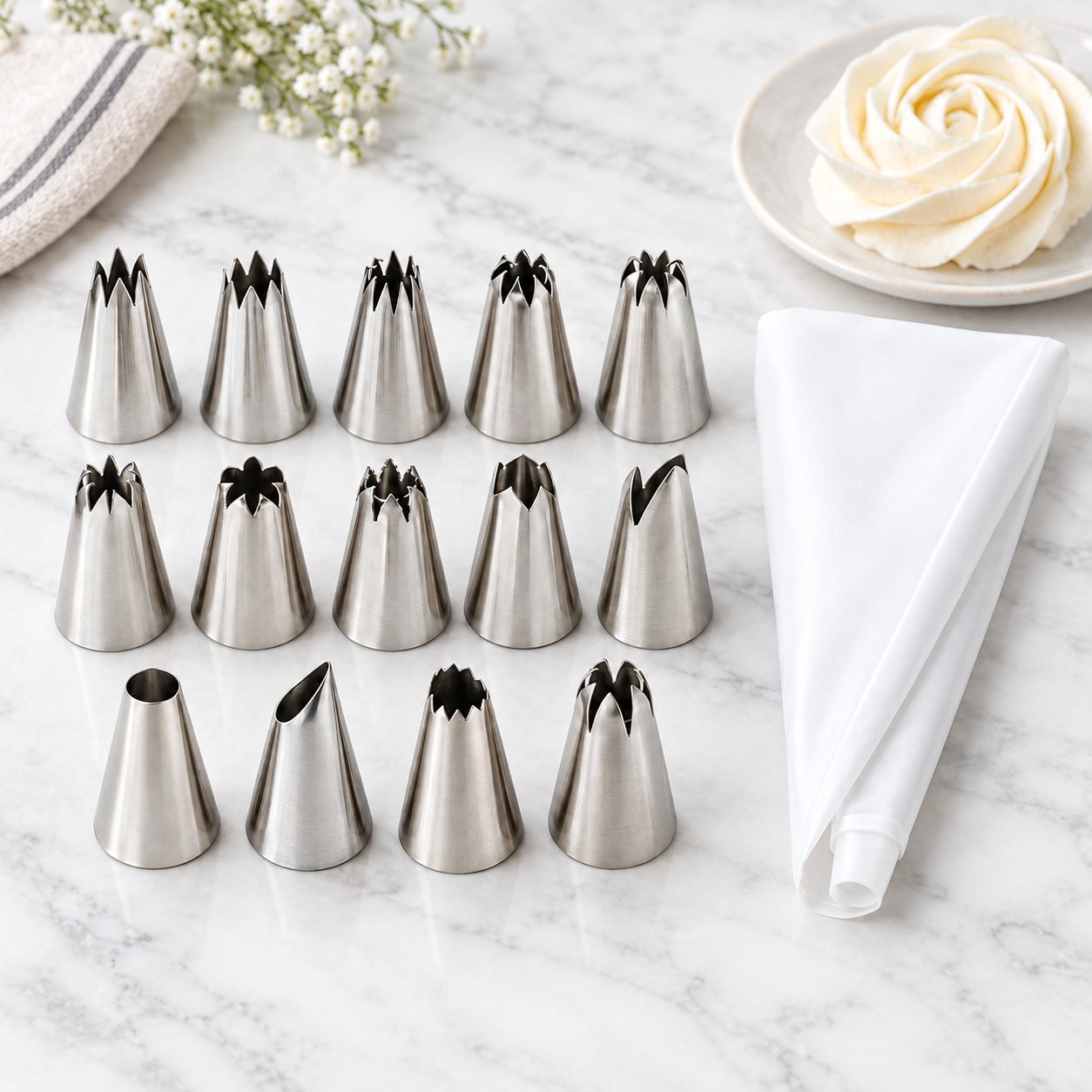 Piping Set, Fourteen Stainless Nozzles with Bag, shown in use on a bar counter