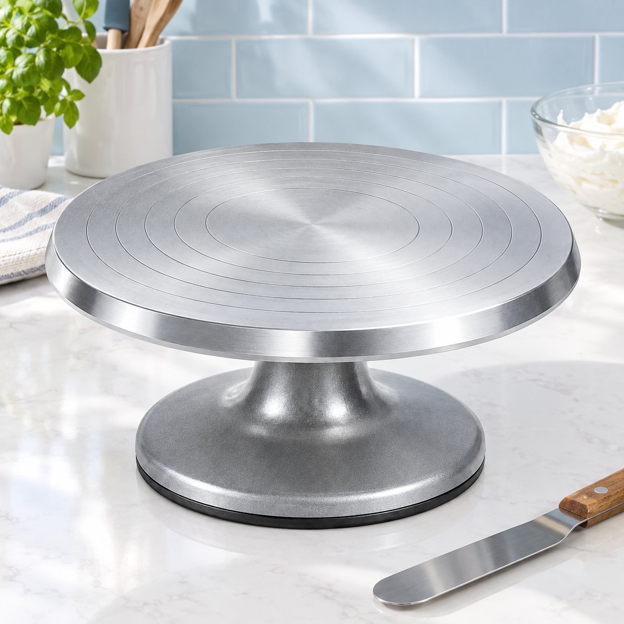 Rotating Cake Turntable, Cast Aluminium, 30 cm, shown in use on a bar counter