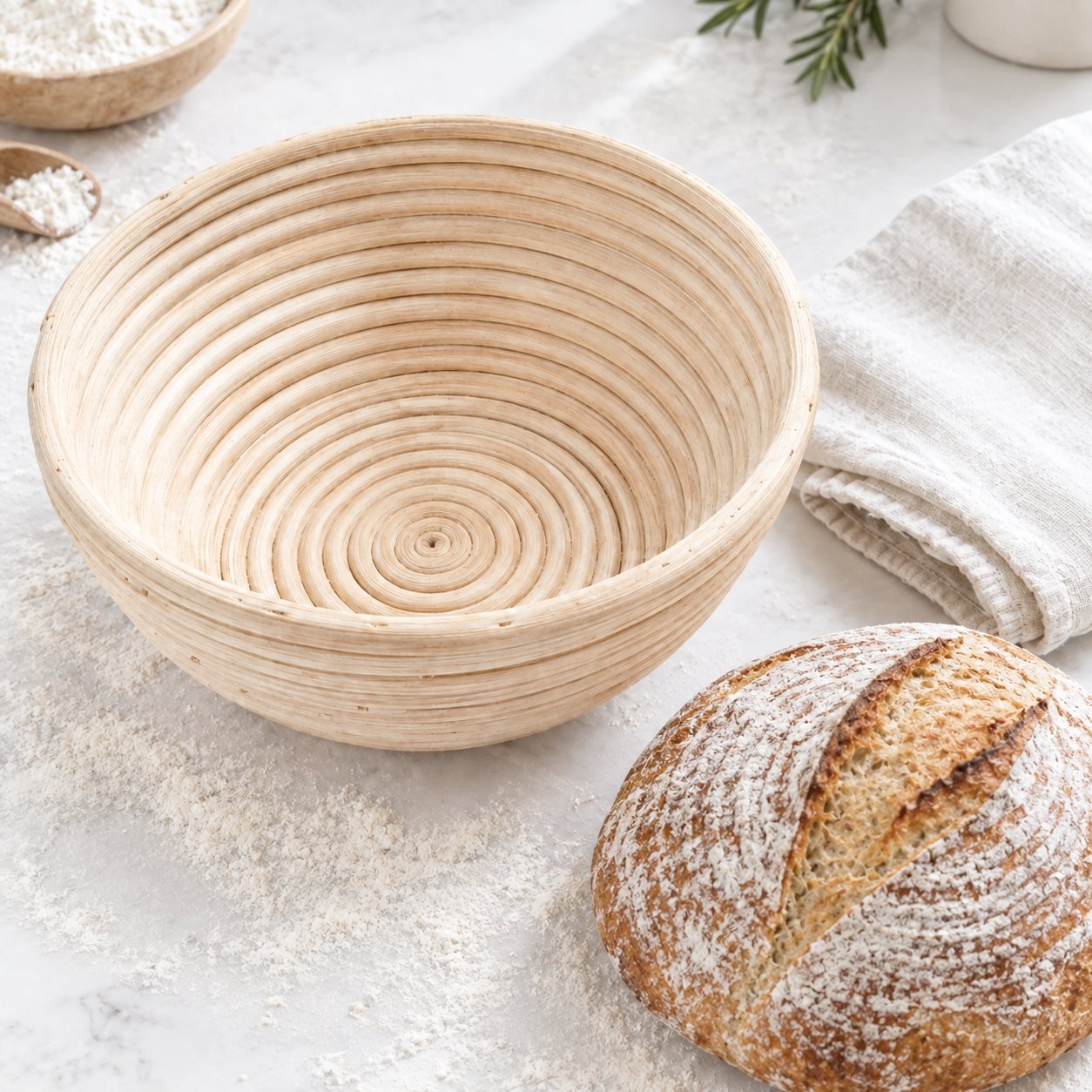 Round Banneton Proofing Basket, 22 cm, with Liner, shown in use on a bar counter