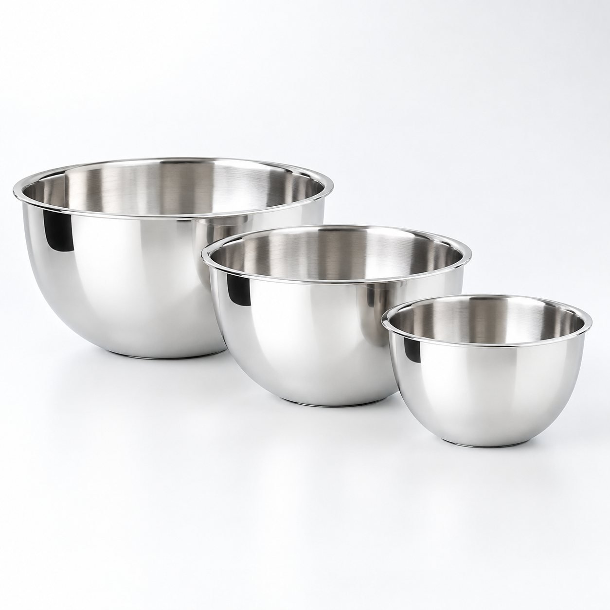 Stainless Mixing Bowl Set, 1.5, 3 and 5 Litre, shown on a plain studio background